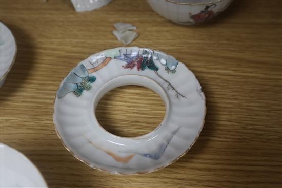 A pair of 20th century Chinese porcelain small bowls, decorated in polychrome with phoenix, and two bowls with covers and stands